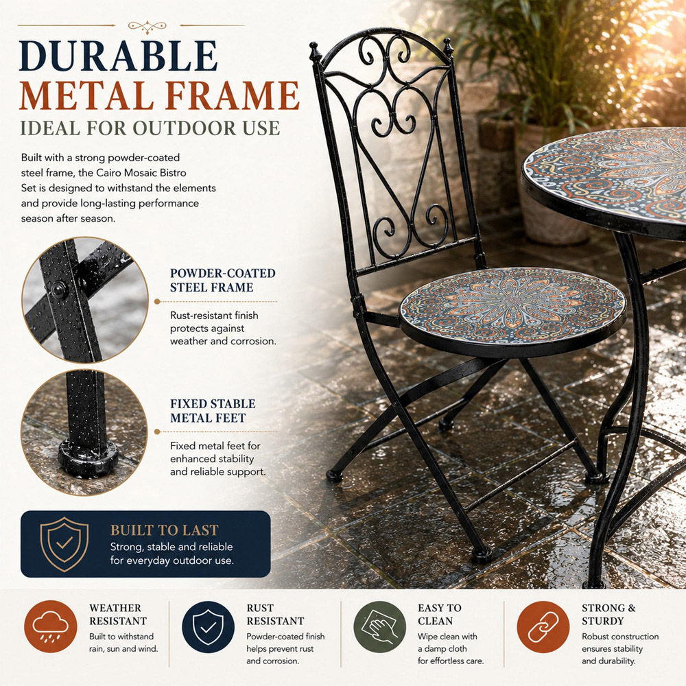 Shatchi Cairo 2 Seater Mosaic Ceramic Tile Top Foldable Bistro Set Image 4