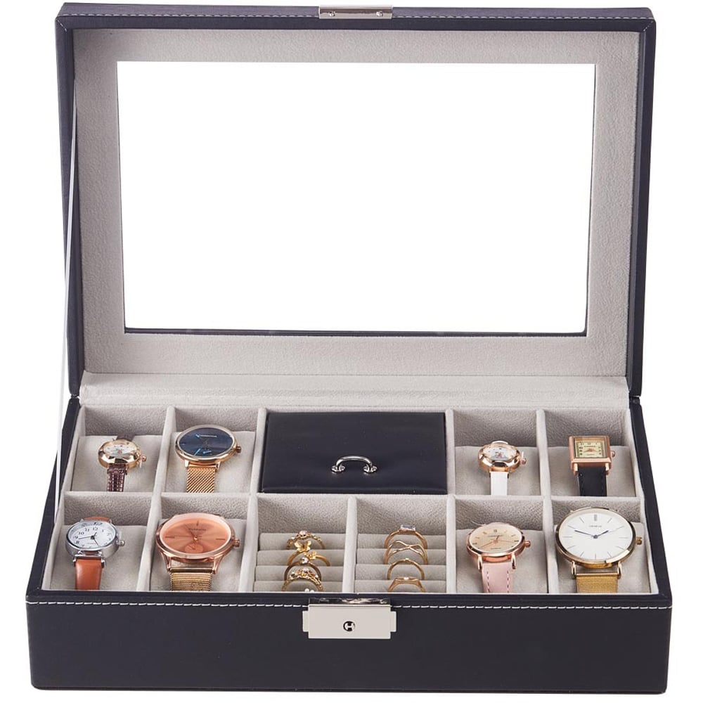 H&O Direct 8 Slot Black PU Leather Watch Display Box with Ring Slots Image 2