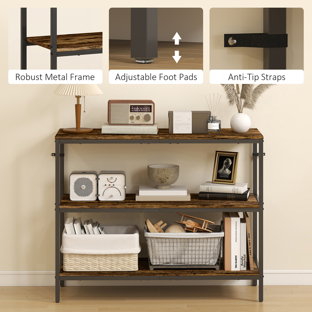 HOMCOM 3 Shelf Rustic Brown Industrial Console Table Image 8
