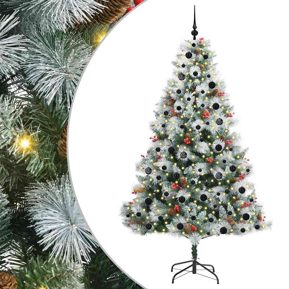 vidaXL Pre-Lit Black Baubles Green Artificial Snow Flocked Christmas Tree 7ft Image 2