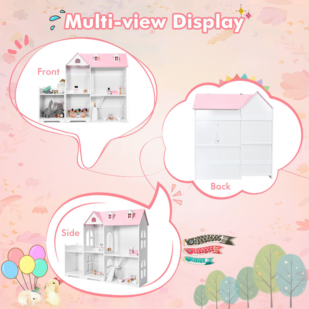 Costway Pink Large Wooden Dolls House Image 5