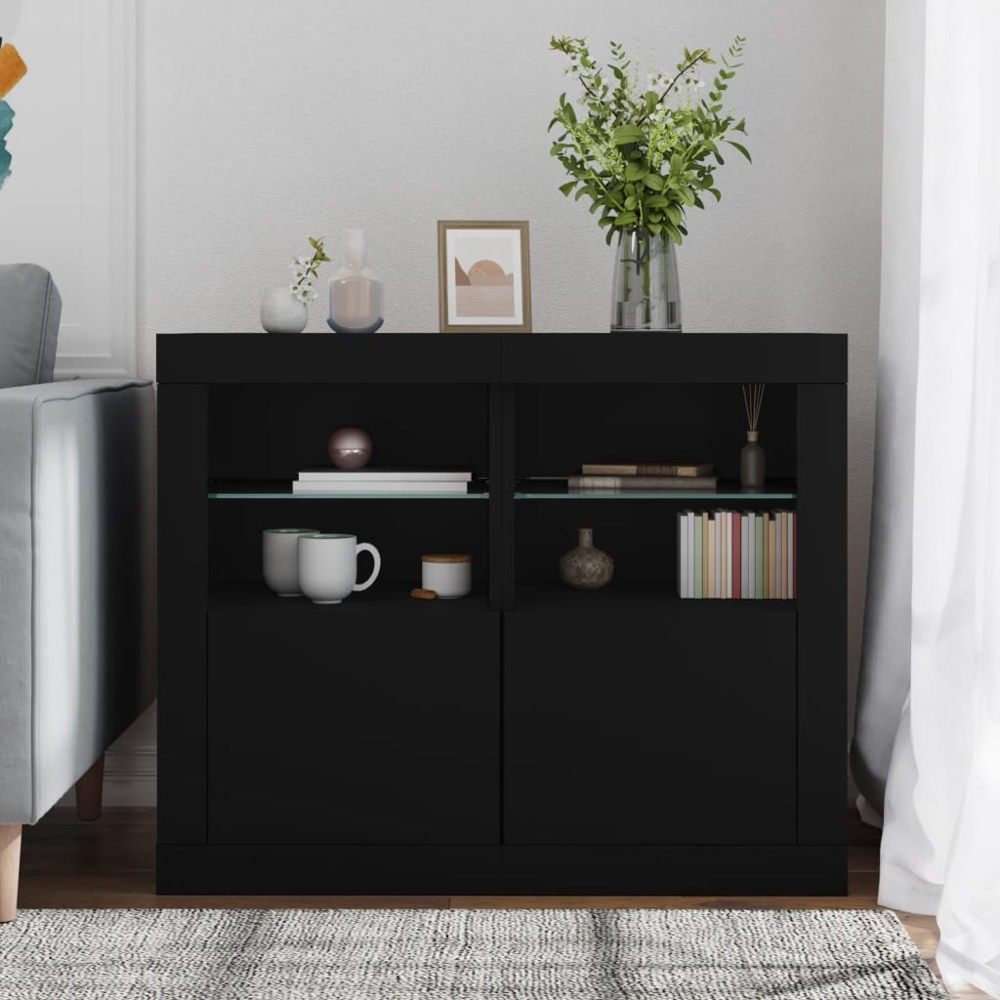 vidaXL Single Door 2 Shelf Black Side Cabinet with LED Lights Set of 2 Image 3