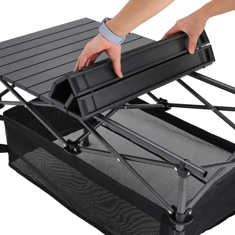 Living and Home Aluminium Roll Top Foldable Camping Table with Mesh Shelf and Basket Image 6
