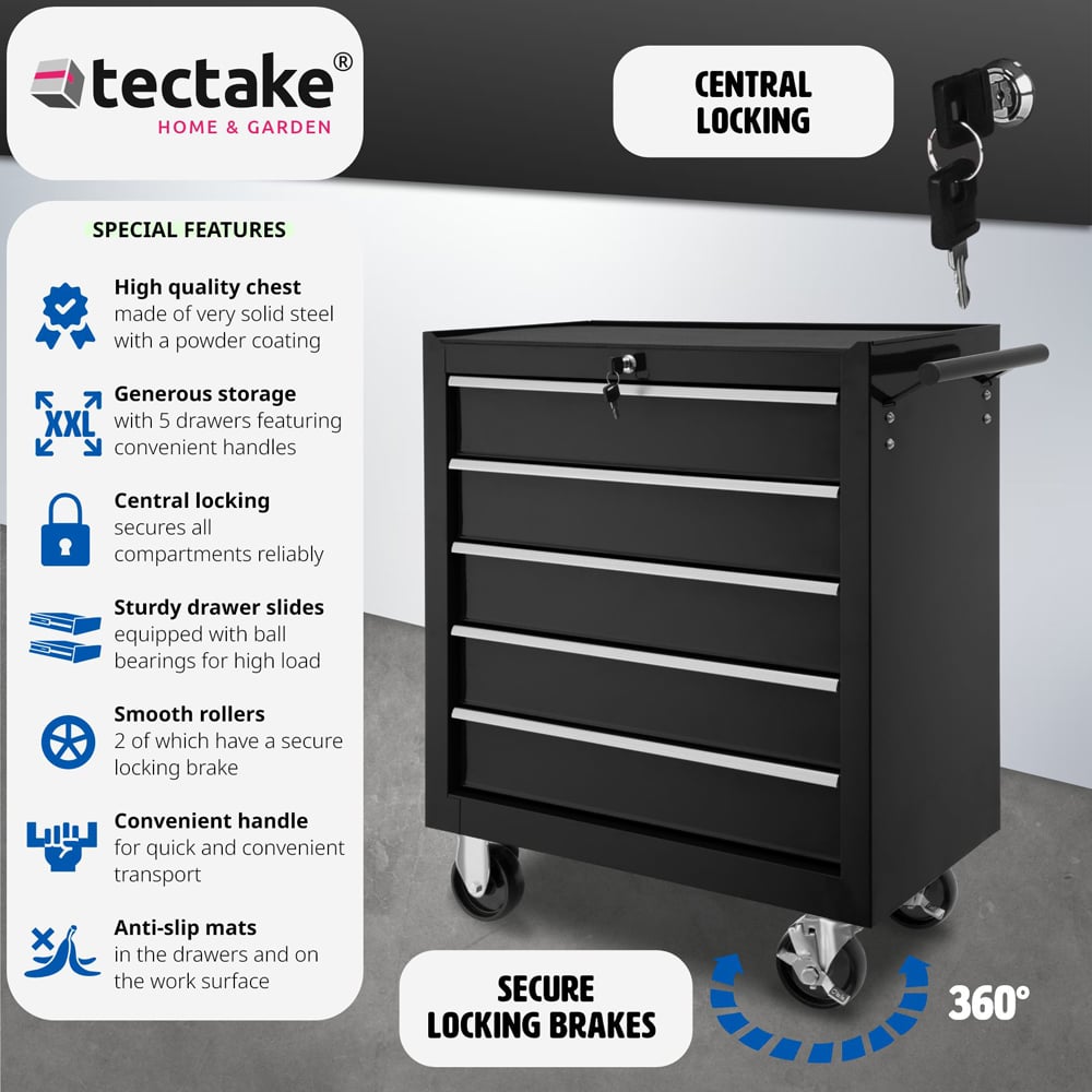 tectake 5 Drawer Black Tool Chest of Drawers with Wheels Image 6