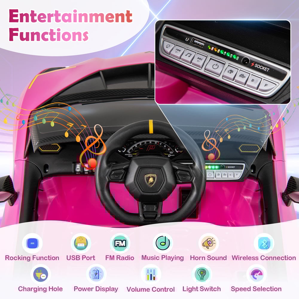 Costway Kids Pink Licensed Lamborghini 4WD Ride On Car with 3 Speeds and Music 12V Image 6