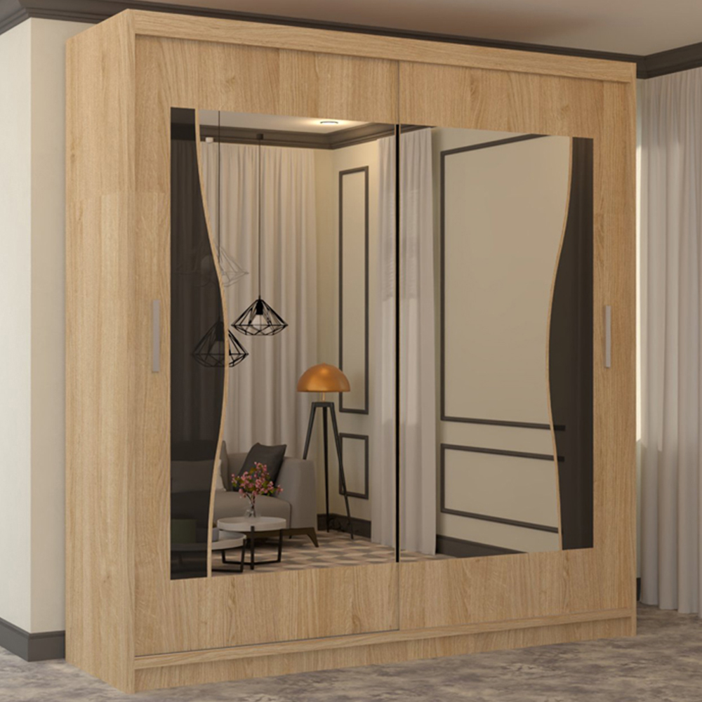 M N Furniture Banton 2 Door Oak Curved Mirrored Sliding Wardrobe 203cm Image 1