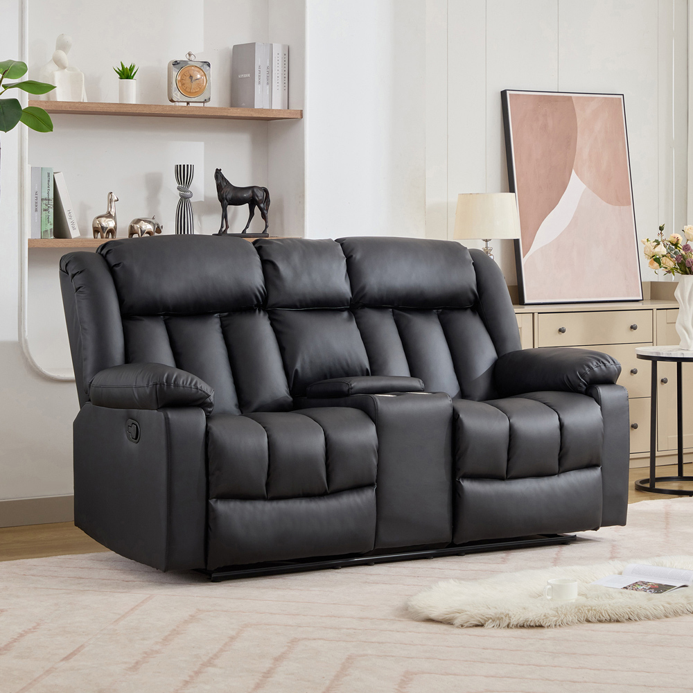Artemis Home Sheridan 2 Seater Black Leather Manual Recliner Sofa with Central Console Image 4