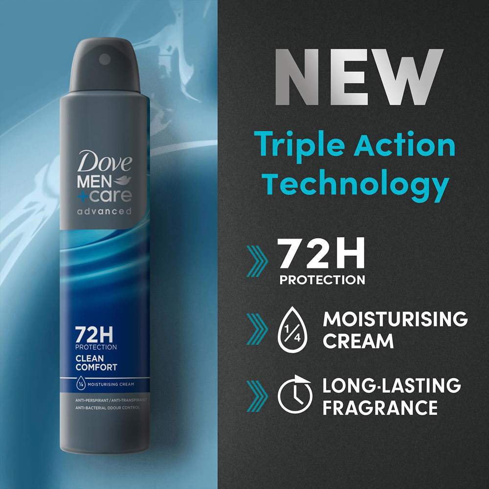 Dove Men+Care Advanced Clean Comfort Anti-Perspirant Deodorant Aerosol 200ml 36 Pack Image 3