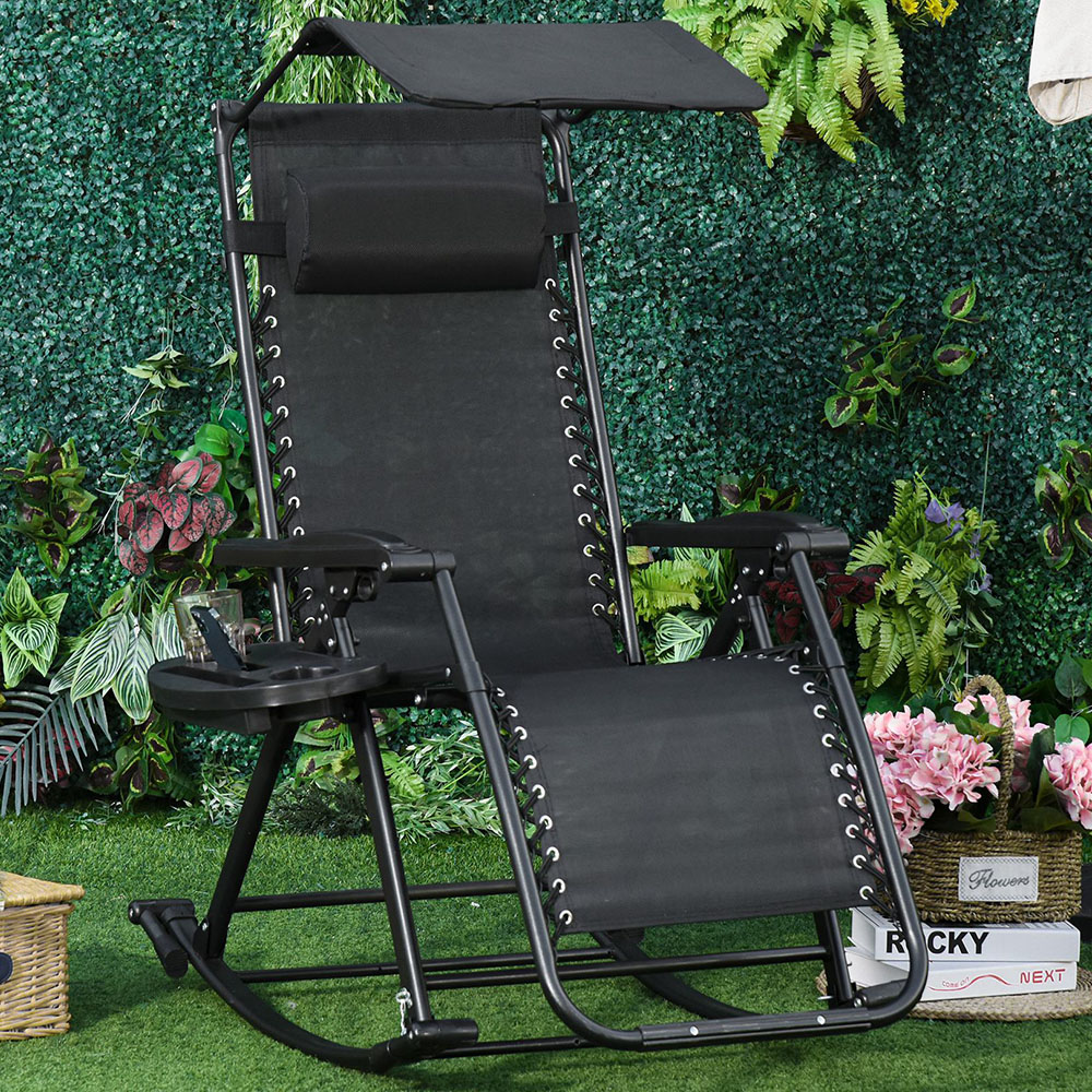 Outsunny Black Zero-Gravity Foldable Recliner Garden Rocking Chair with Canopy Image