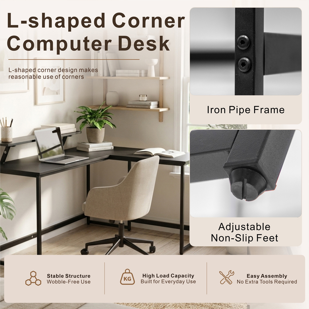 Abrihome Single Shelf Industrial Style L-Shaped Corner Computer Desk Black Image 6