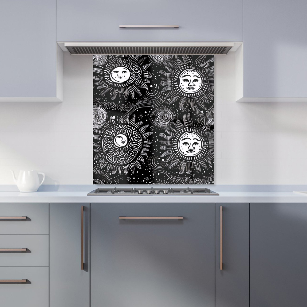 Warren Reed Designer White and Black Moon and Sun Glass Kitchen Splashback 65 x 70cm Image 1
