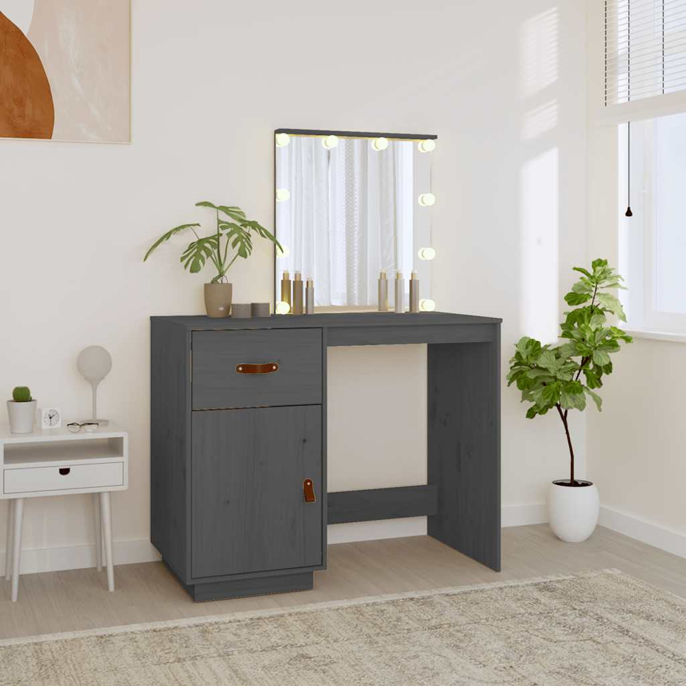 vidaXL Single Door Single Drawer Grey Solid Wood Pine Dressing Table with LED Mirror Image 7