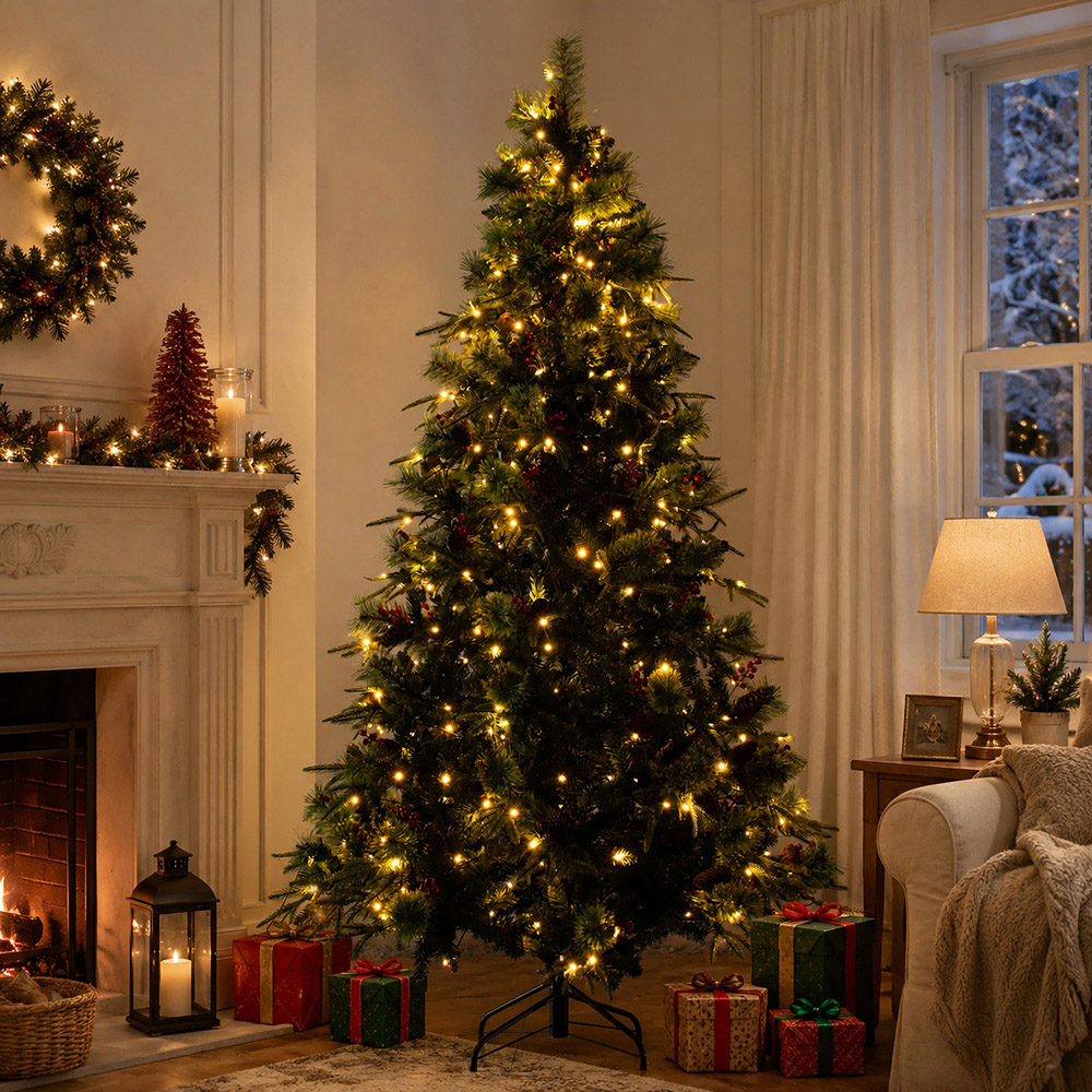 Abrihome 380 Warm White LED Pre-Lit Artificial Christmas Tree with Berries and Pinecones 7ft Image 2