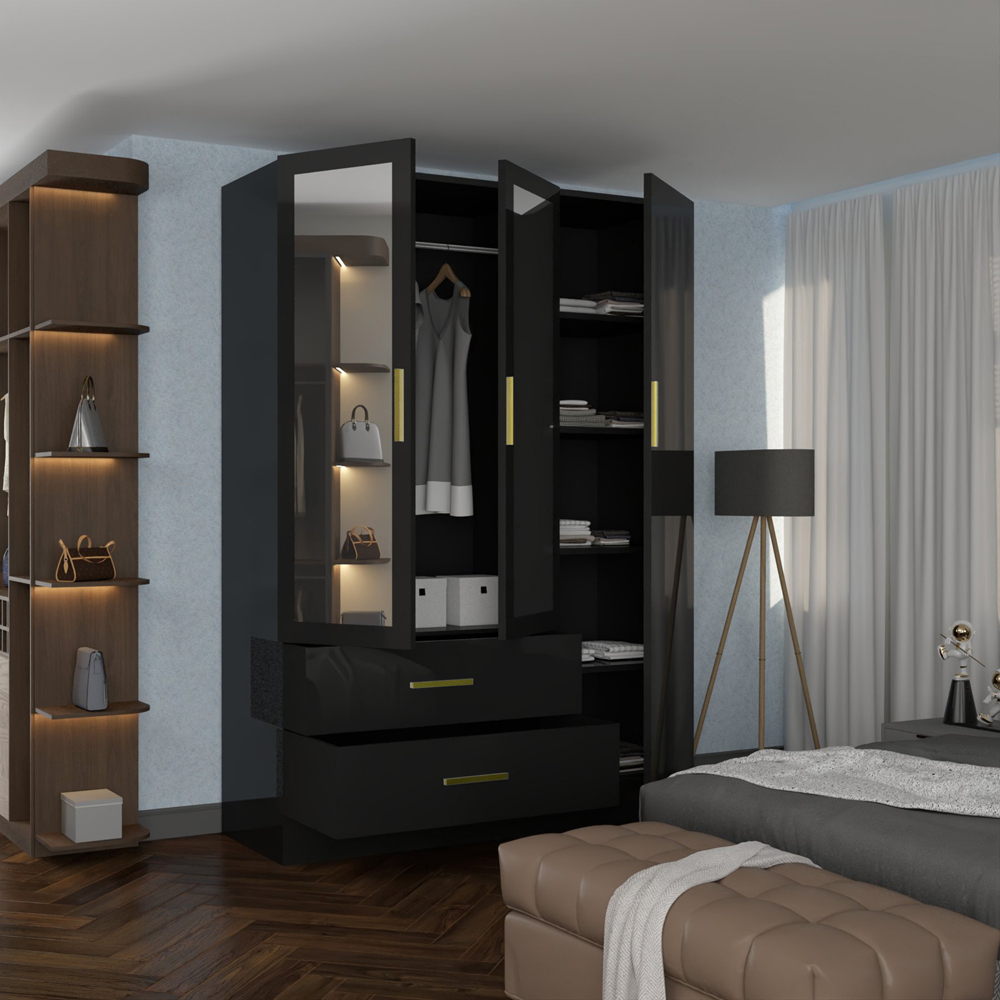 Sliding Wardrobes 4U XD2 3 Door 2 Drawer Black High Gloss Gold Handle Mirror Wardrobe Image 3