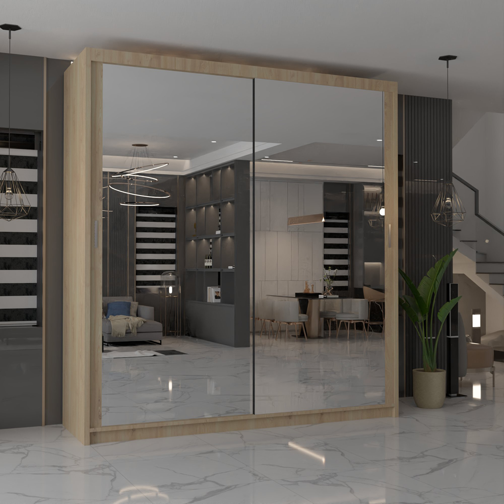 M N Furniture Modern Gala 2 Door Oak Mirrored Sliding Wardrobe 203cm Image 4