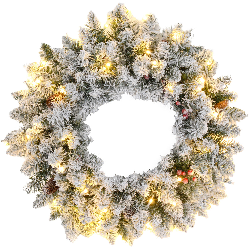 Everglow Green Christmas LED Wreath with Snowy Pine Cones and Red Berries 60cm Image 1