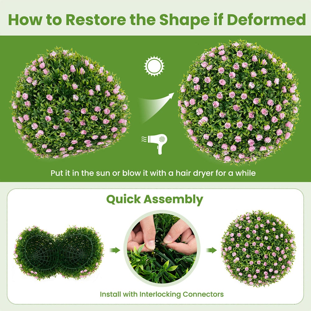 Costway 2 Piece Topiary Balls Artificial Plant with Pink Flowers Image 6