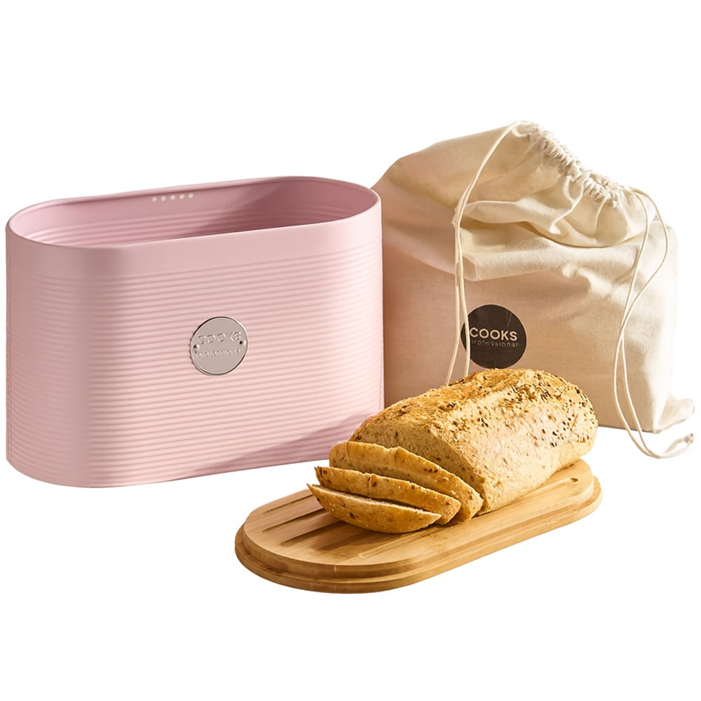 Cooks Professional Pink and Silver Ribbed Bread Bin with Linen Bag and Bamboo Lid Image 1