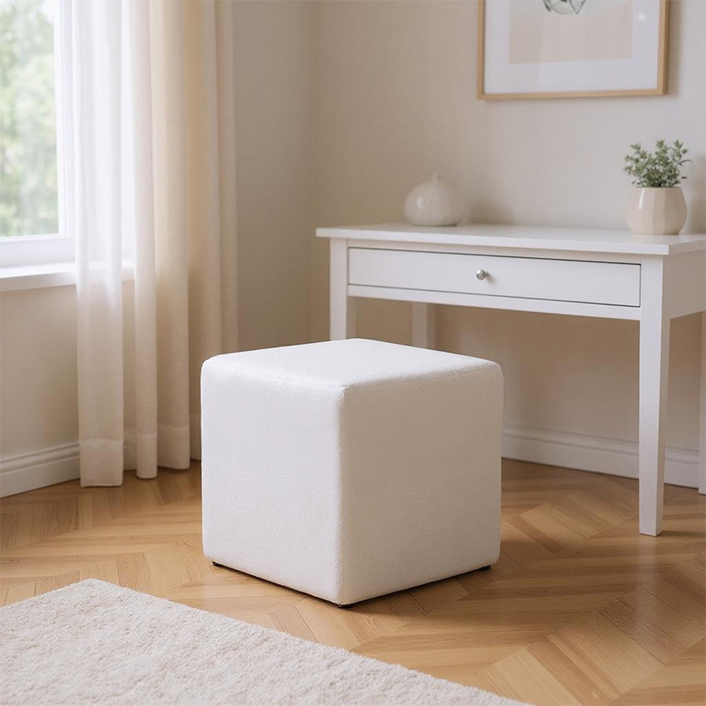 Living and Home White Teddy Fleece Upholstered Cube Footstool Image 7