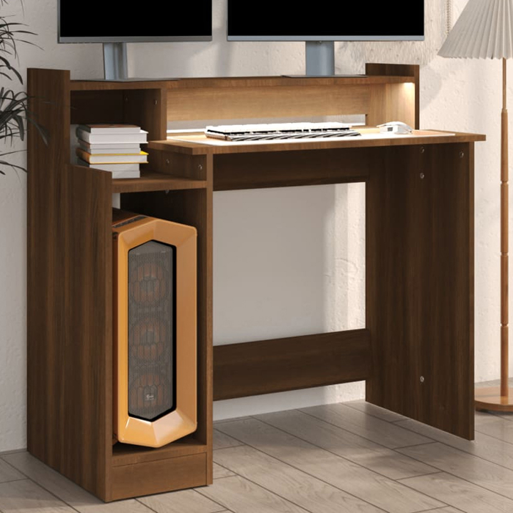 vidaXL 3 Shelf LED Computer Desk Brown Oak Image 1