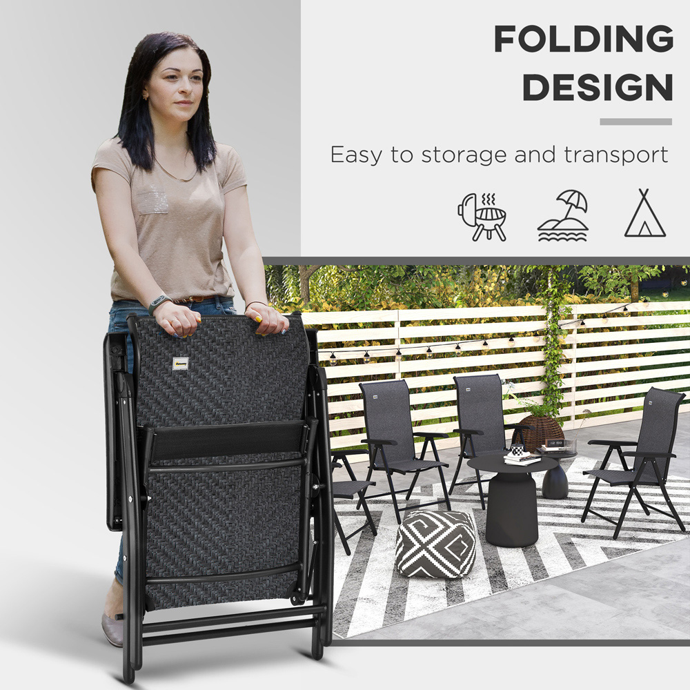 Outsunny Set of 4 Black and Grey Rattan Folding Garden Chair Image 4