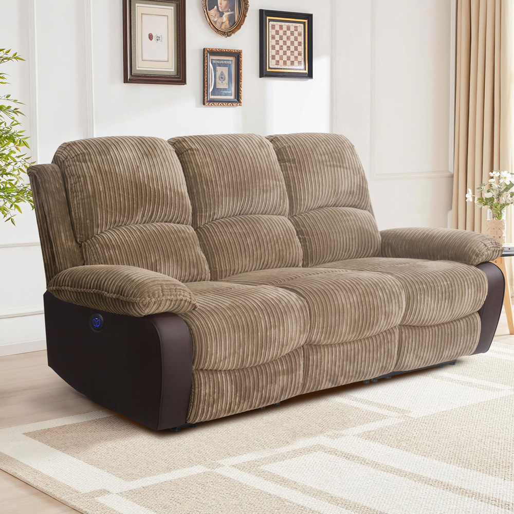 Comfy Living 5 Seater Brown Cord Fabric Electric Recliner Sofa Set Image 5