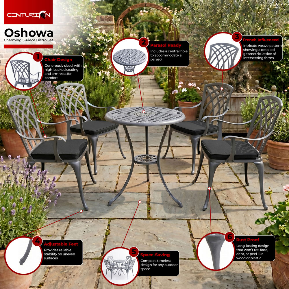 Centurion Oshowa 4 Seater Grey and Black Cast Aluminium Garden Bistro Set with Cushions Image 5