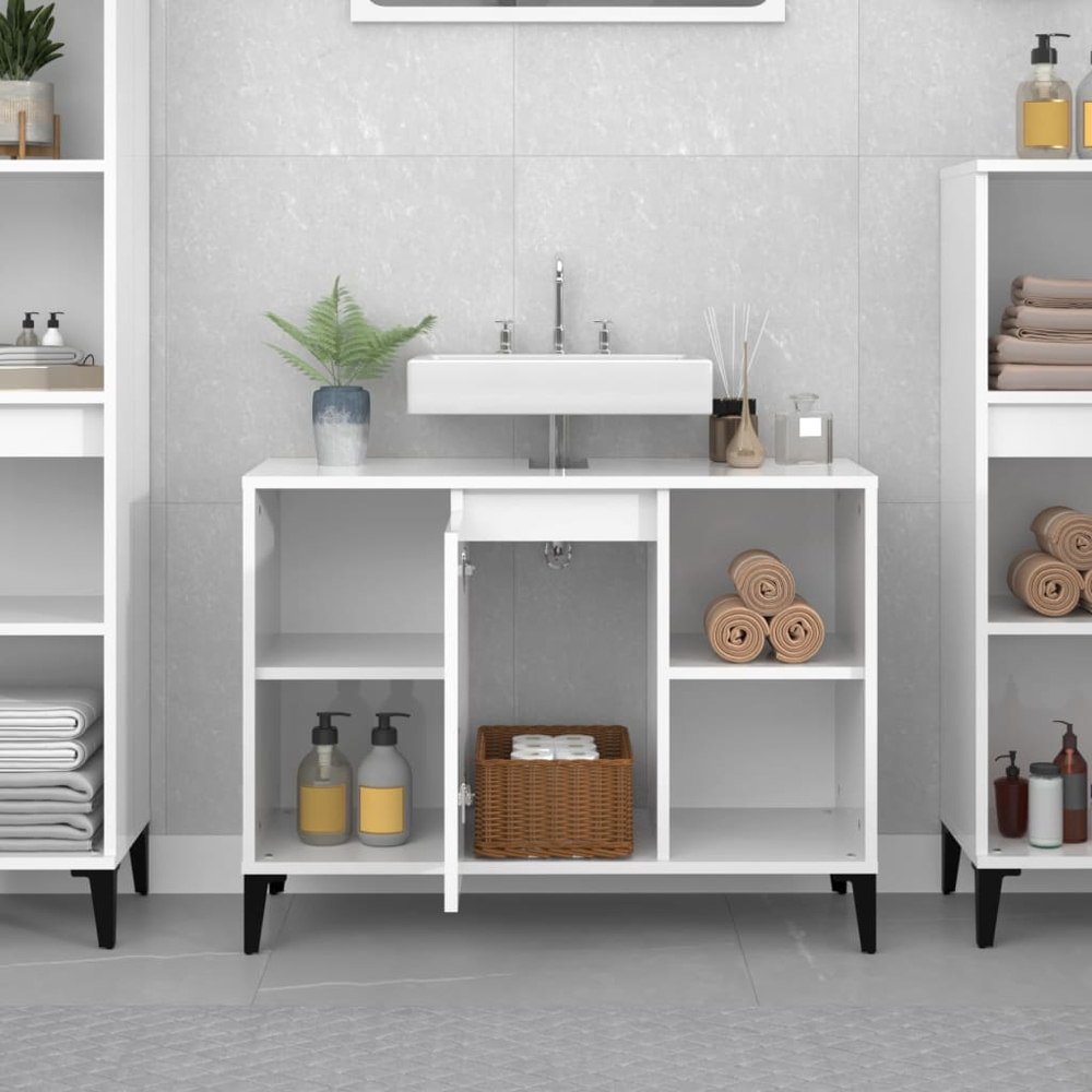 vidaXL Single Door 4 Shelf Gloss White Washbasin Cabinet Image 9