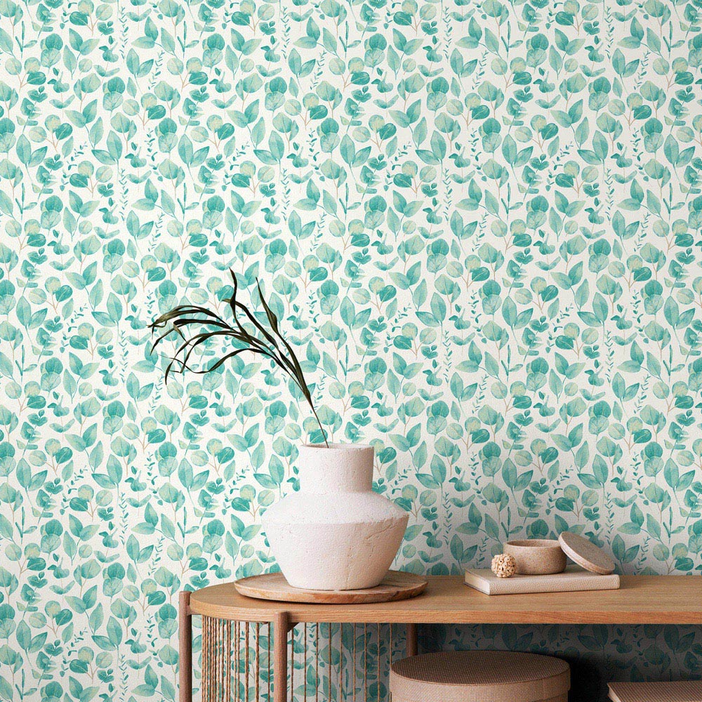 Hoopla Walls Oasis Watercolour Leaves Aqua and Chalk Wallpaper Image 2