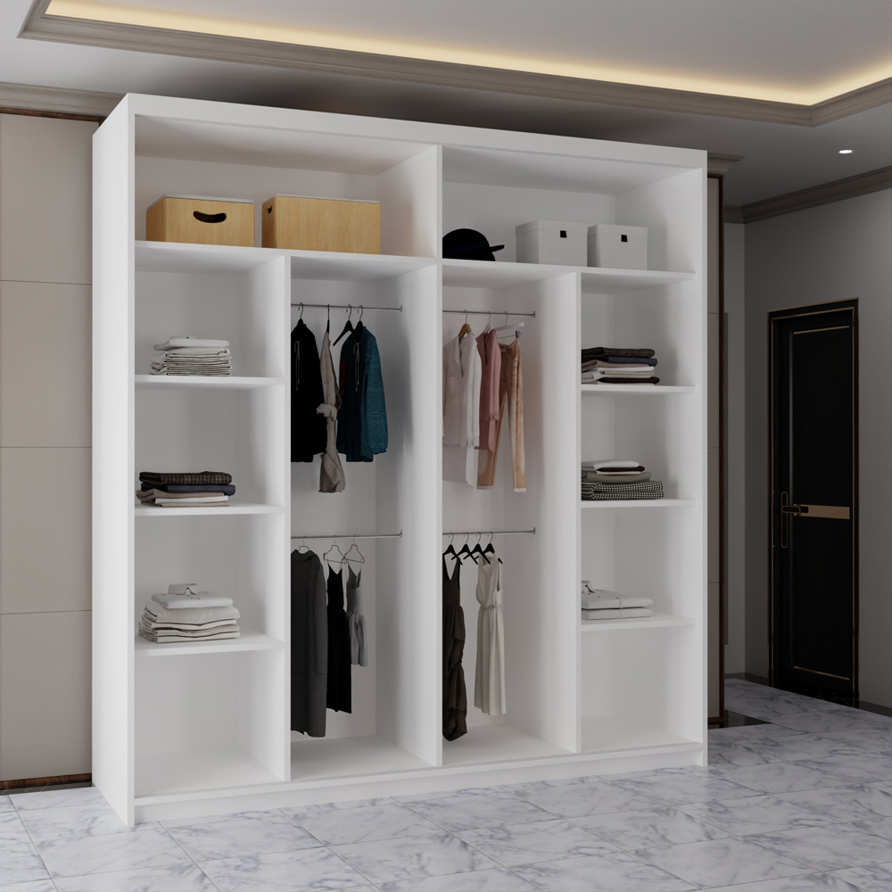 Modern Sliding Mirror Door Wardrobe with Adjustable Shelves and Hanging Rails (White 203cm) Image 4