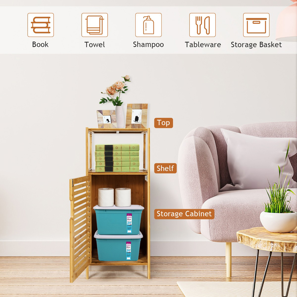 Costway Single Door Single Shelf Bamboo Bathroom Storage Cabinet Image 5