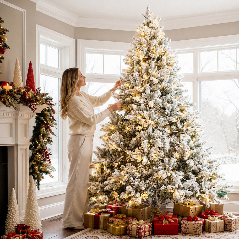 Abrihome 500 Warm White LED Pre-Lit Snow Flocked Artificial Christmas Tree with 1580 Mixed Tips 8ft Image 4