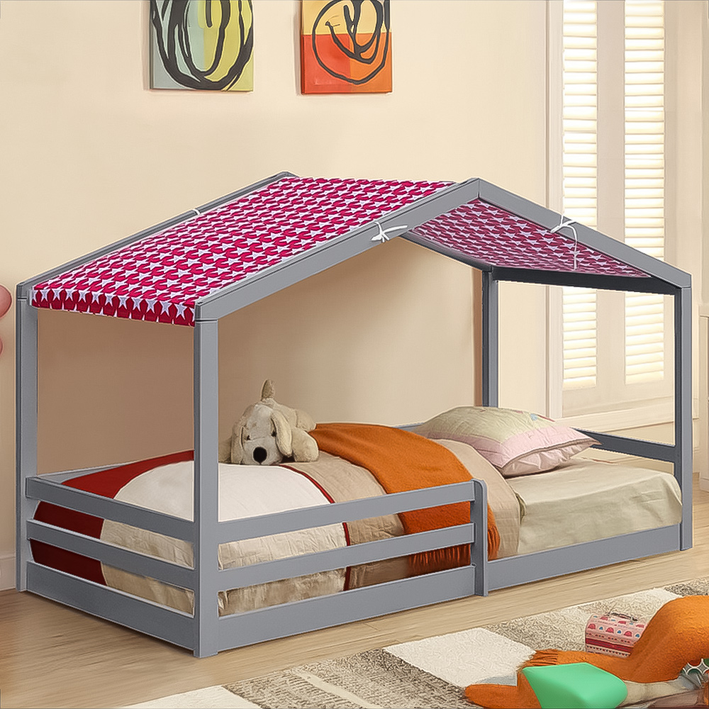 Brooklyn Single Grey Wooden House Style Bed with Red Tent Image 1