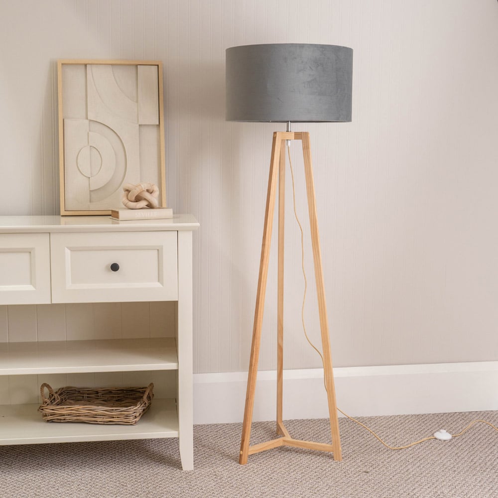 ValueLights Lottie Grey Velvet Drum Shade Natural Wood Tripod LED Floor Lamp Image 3
