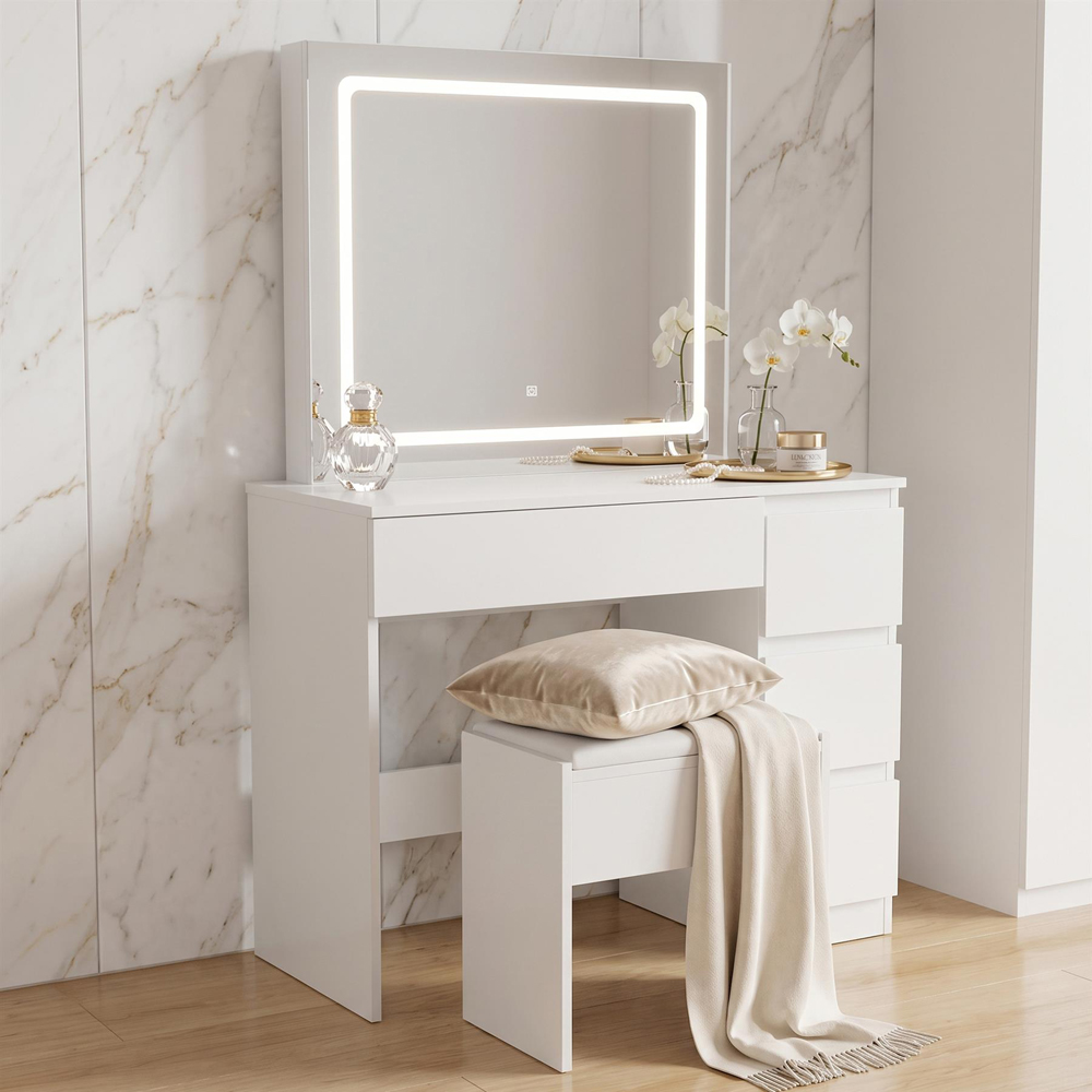 Portland 4 Drawer White Dressing Table Set with LED Mirror Image 5