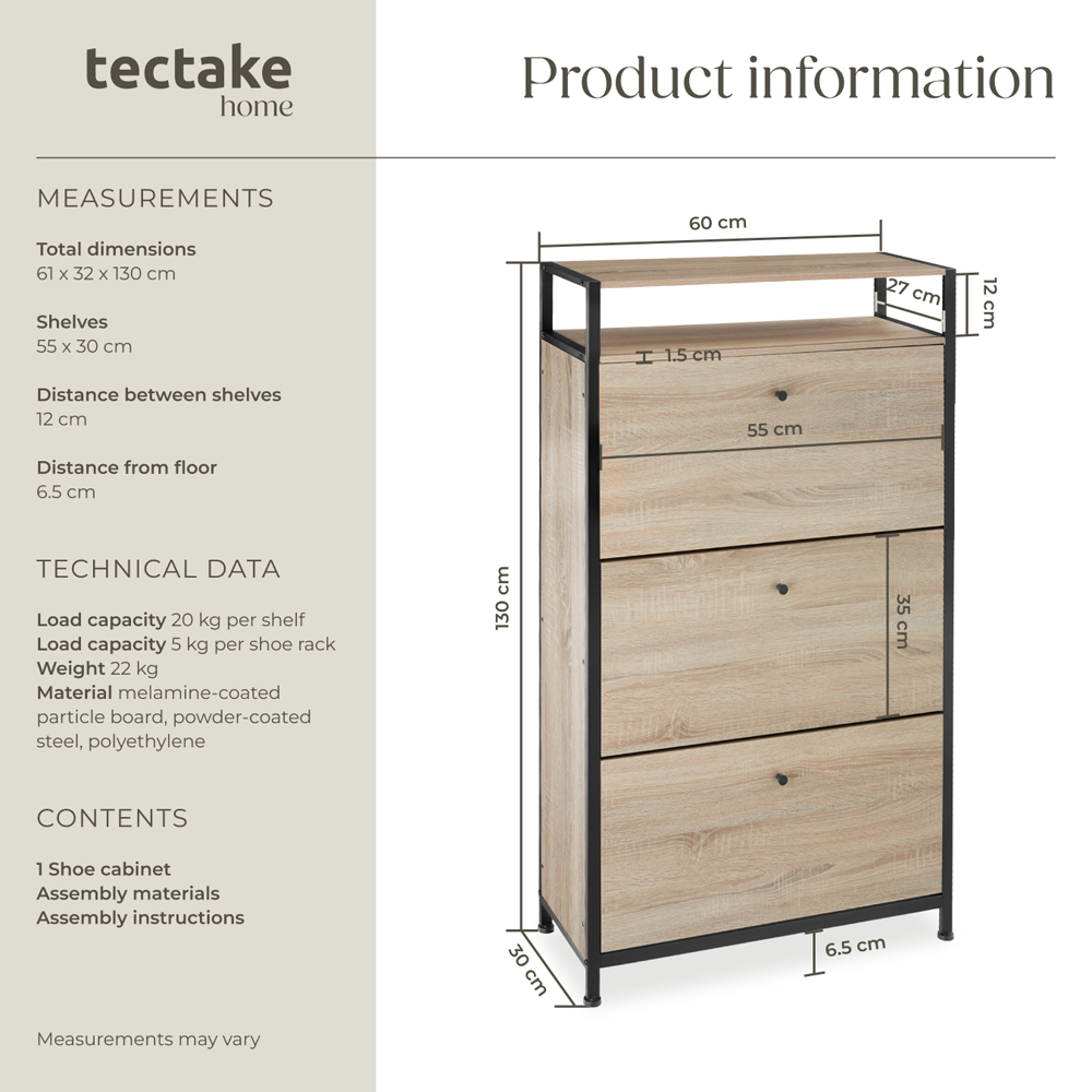 Tectake Single Shelf 3 Tilt Drawer Oak Wood Light Slim Storage Rack 32 x 61cm Image 9