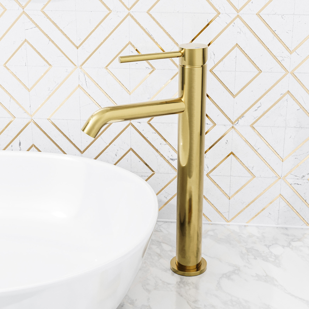Nes Home Alice Brushed Brass Tall Single Lever Countertop Basin Mixer Tap Image 2