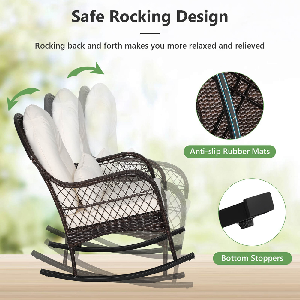 Costway White Rattan Rocking Chair with Seat Back Cushion Image 6