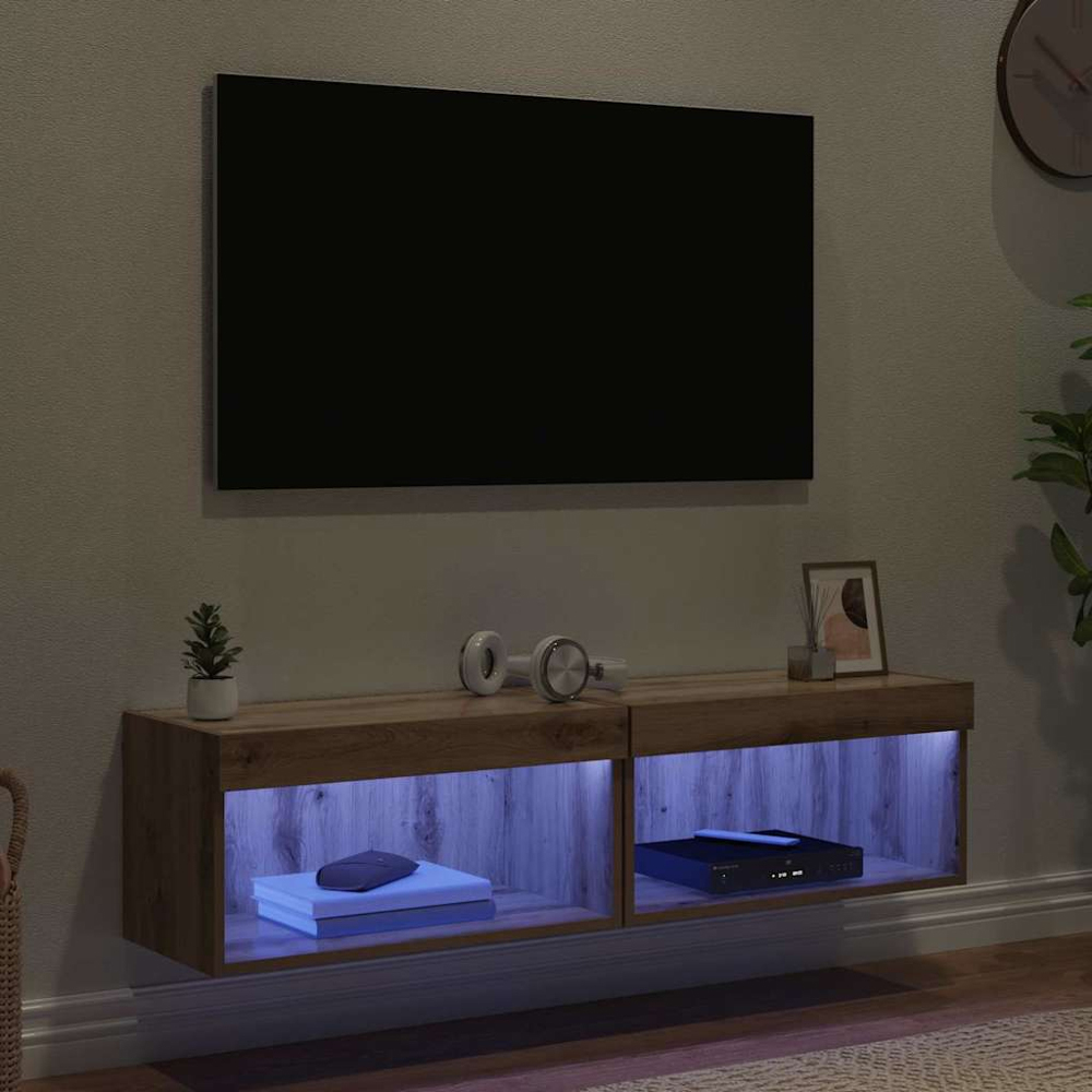 vidaXL Single Shelf Artisan Oak Wall Mounted Wide TV Cabinet with LED Light 2 Pack Image 5