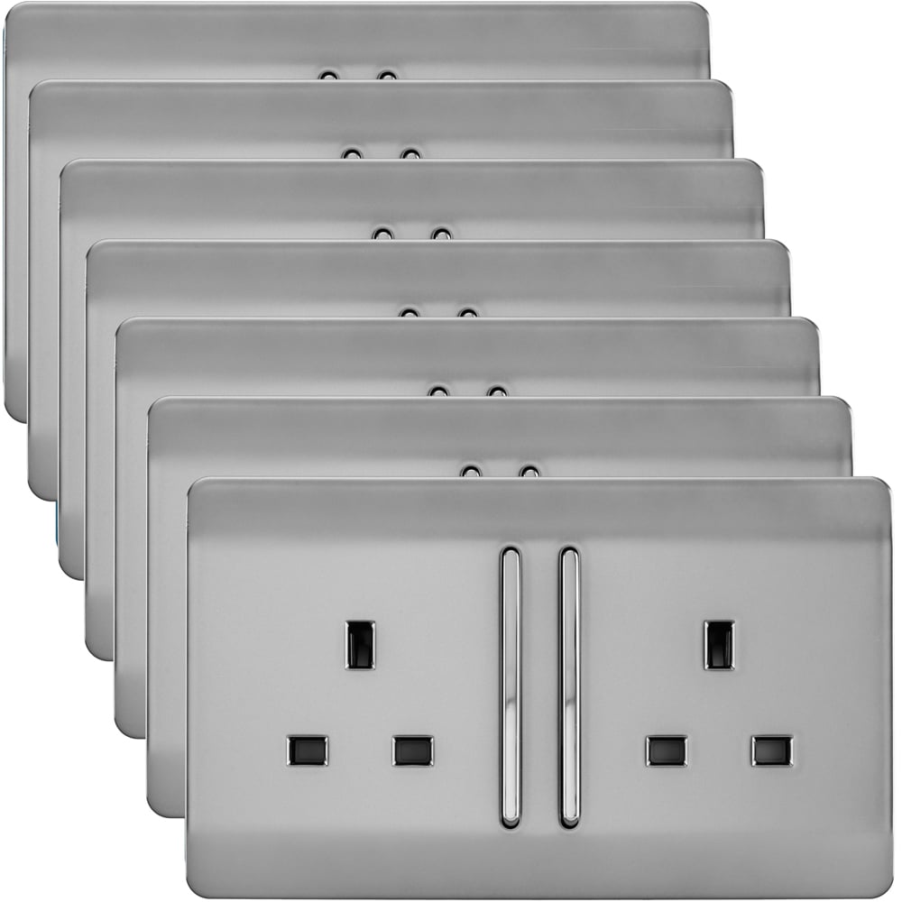 Trendi Switch 2 Gang Long Switch Brushed Steel Plug Socket 7 Pack Image 1