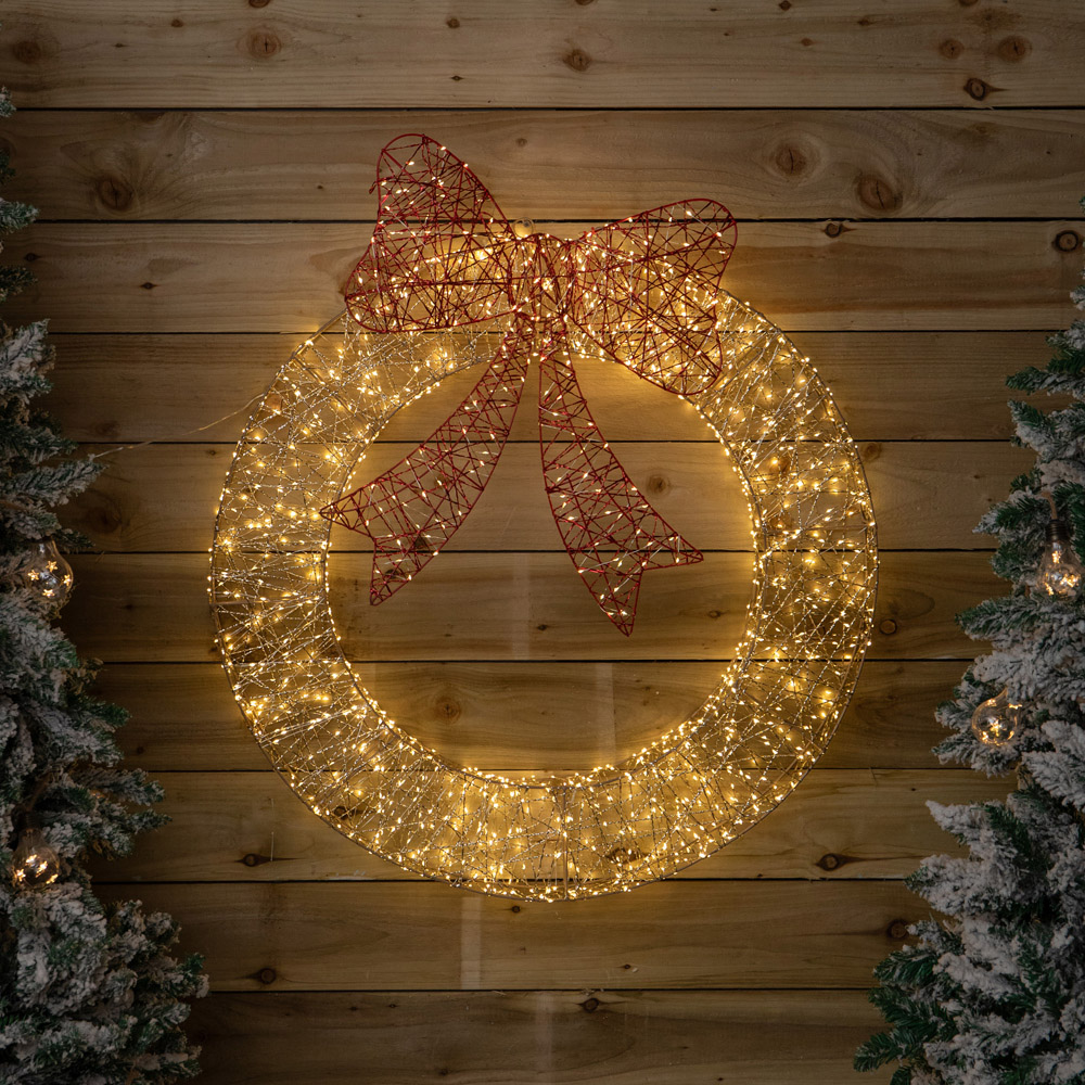Samuel Alexander 1440 Warm White LED Gold Twist Christmas Wreath with Red Bow 90cm Image 8