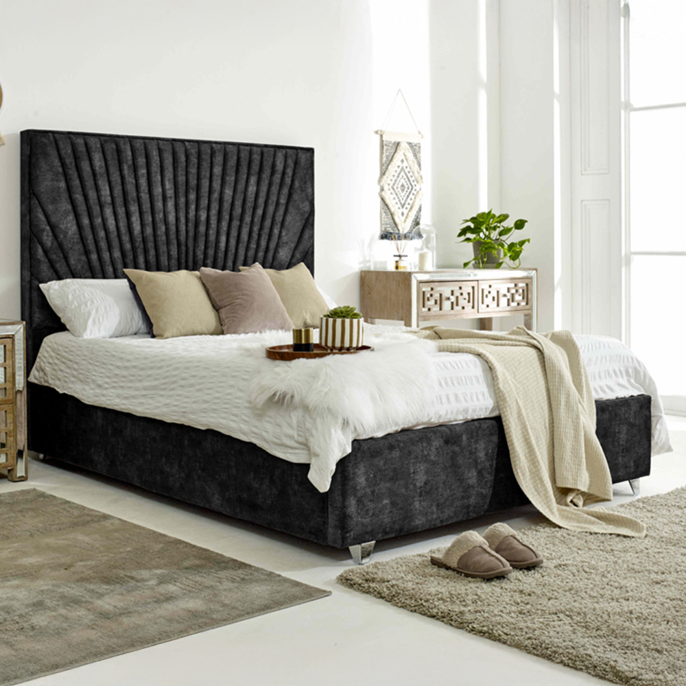 Eleganza Dawn Single Gunmetal Marble Fabric Bed Frame with Headboard Image 1