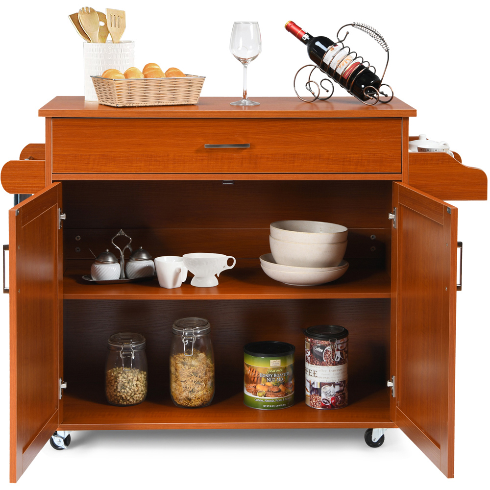 Costway 2 Door Single Drawer Single Shelf Brown Rolling Kitchen Storage Trolley Image 4