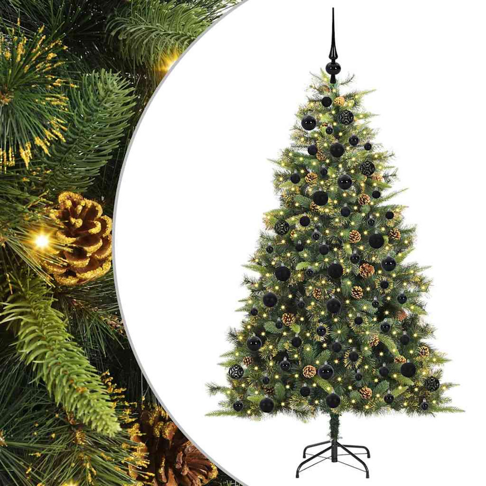 vidaXL Pre-Lit Black Baubles and Pinecones Green Artificial Christmas Tree 6ft Image 2