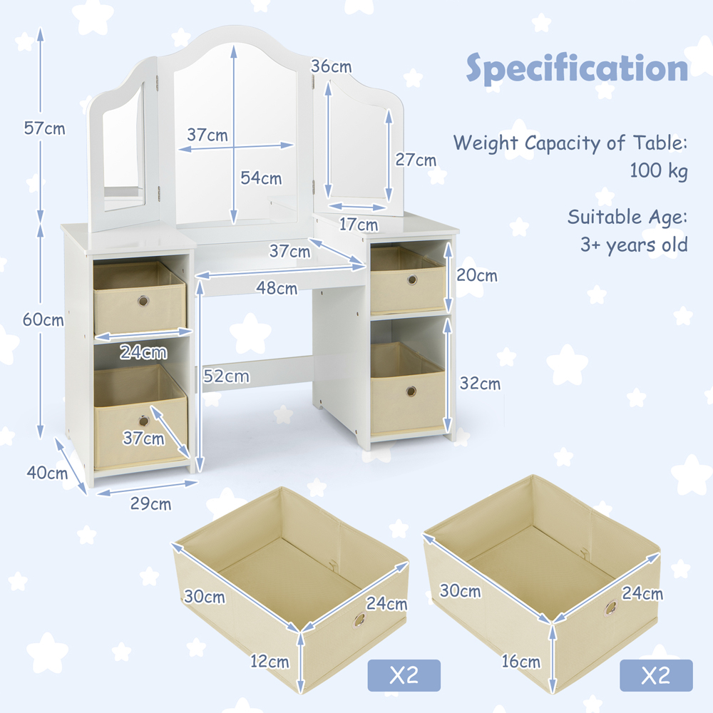 Costway Kids White Princess Vanity Table with Removable Mirror Image 9