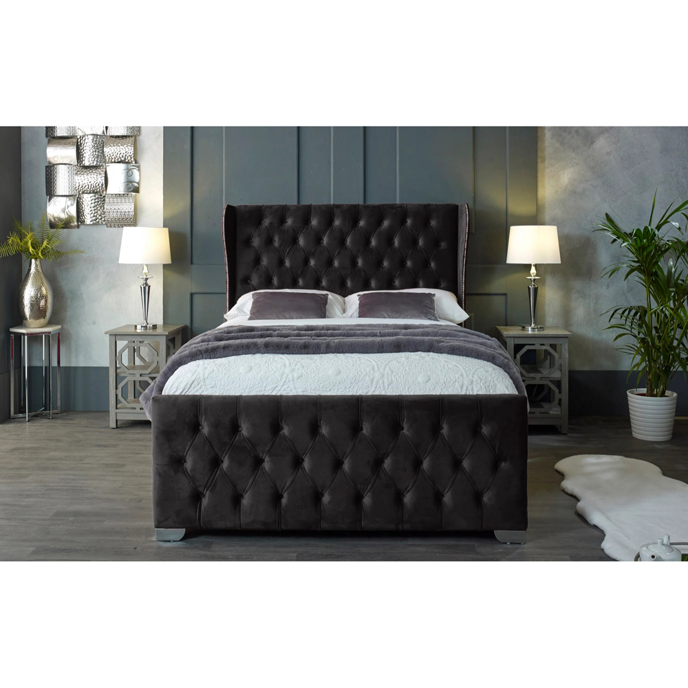 Eleganza Home Colleen King Size Black Plush Velvet Bed Frame with Chesterfield Headboard Image 3