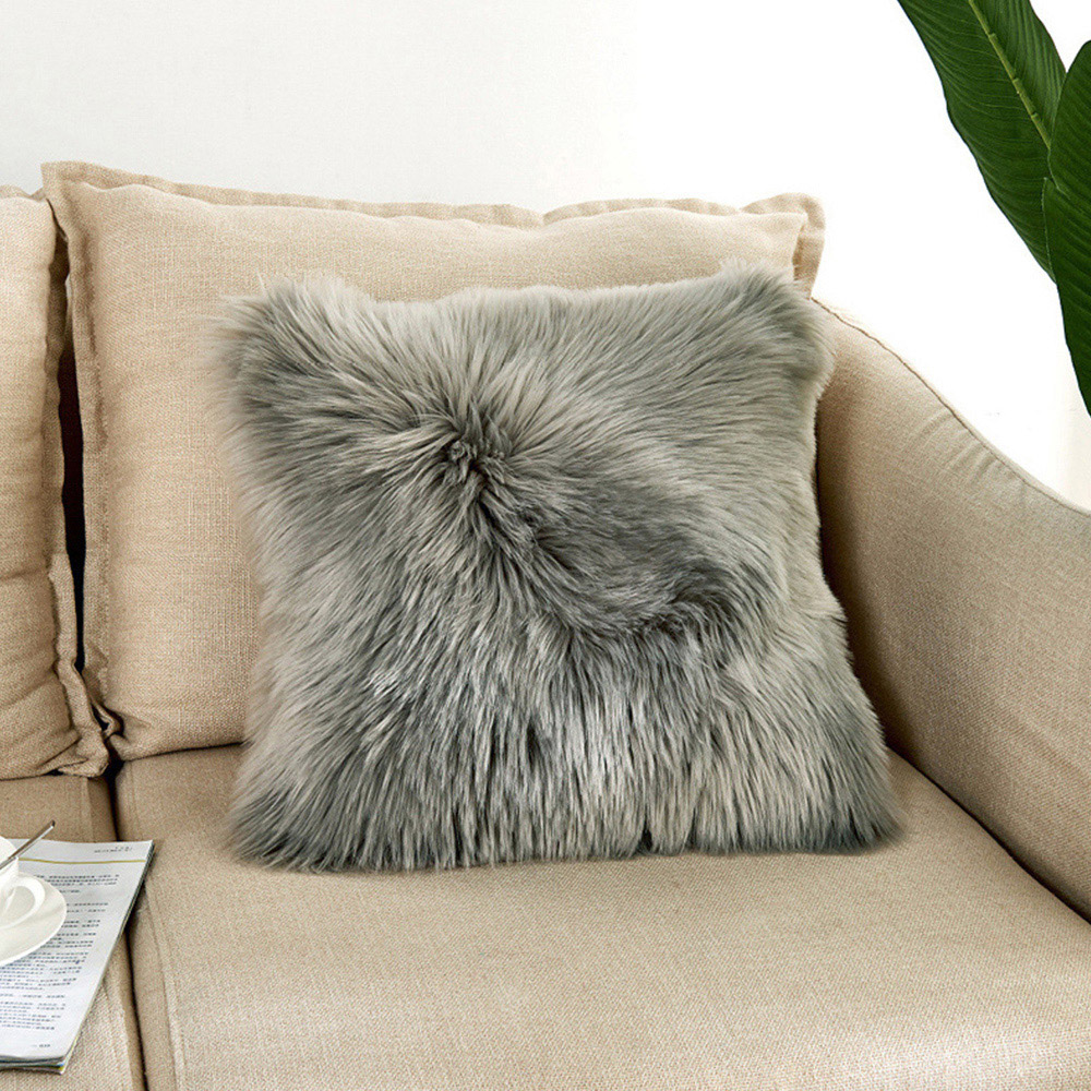 Living and Home Grey Square Fluffy Faux Fur Throw Cushion Cover 45 x 45cm Image 2