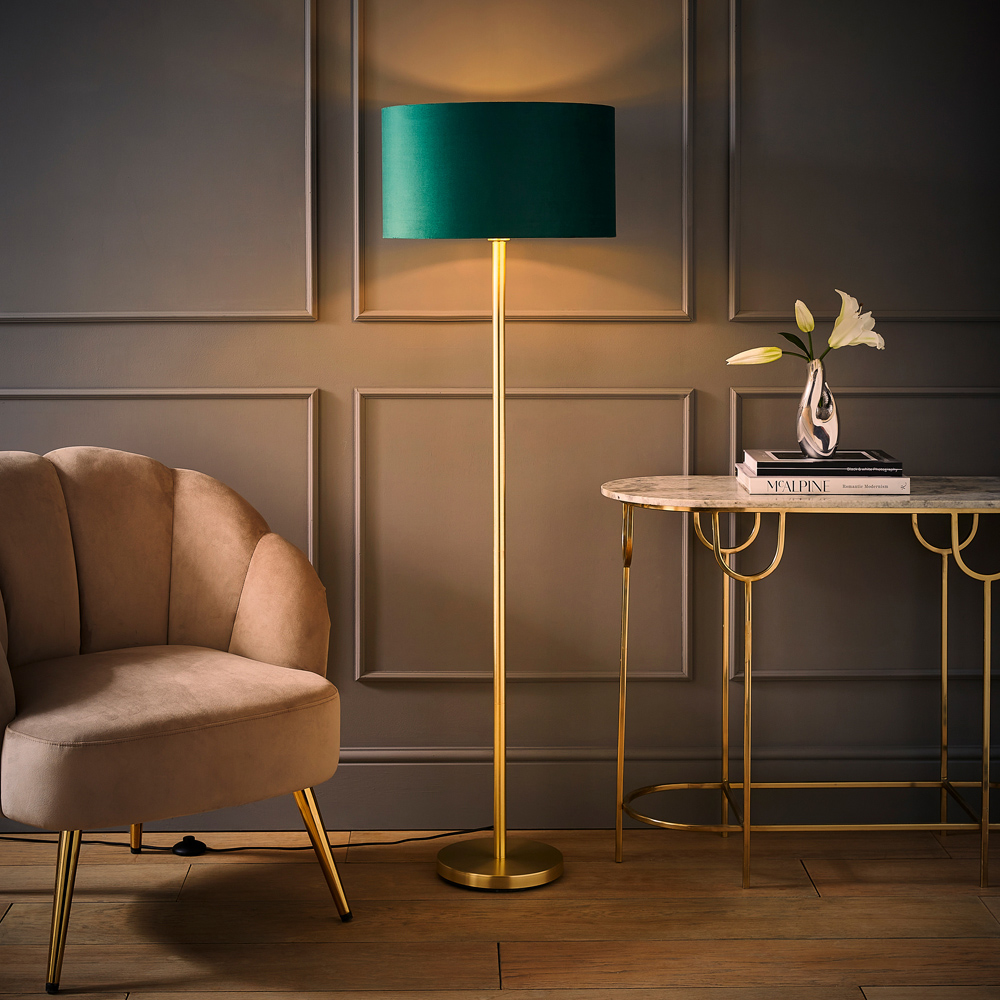 ValueLights Charlie Green Velvet and Metallic Shade Gold Floor Lamp and Bulb Image 7