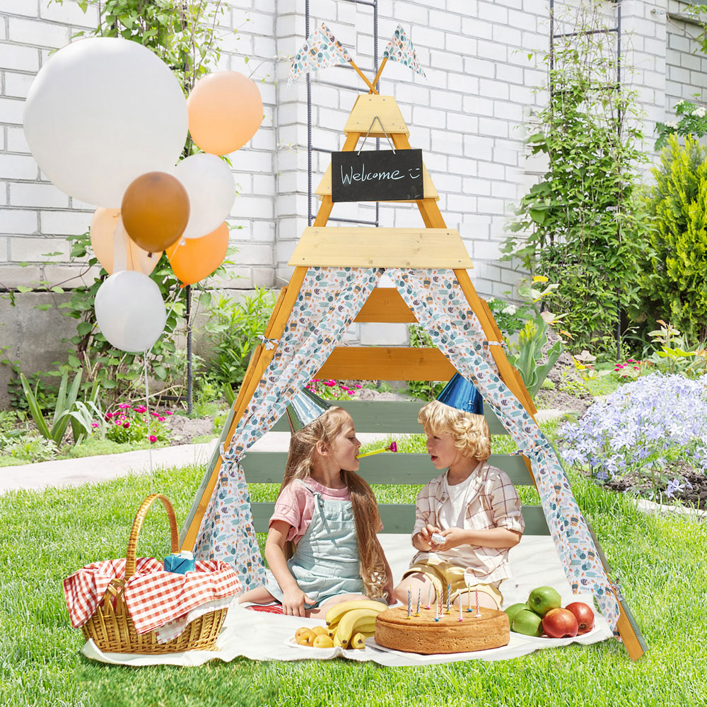 Costway Wooden Kids Play Tepee Tent with Curtains Image 5