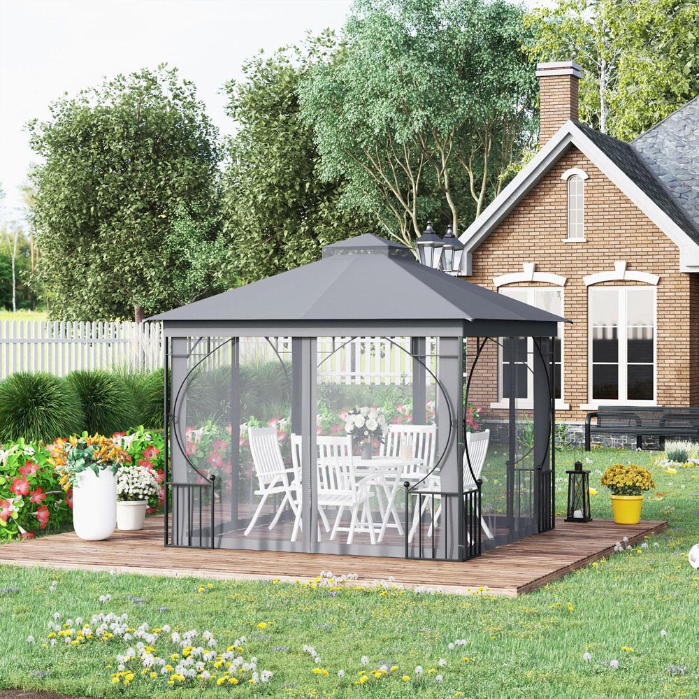 Outsunny 3 x 3m Light Grey Steel Frame Gazebo with Mesh Curtains Image 4